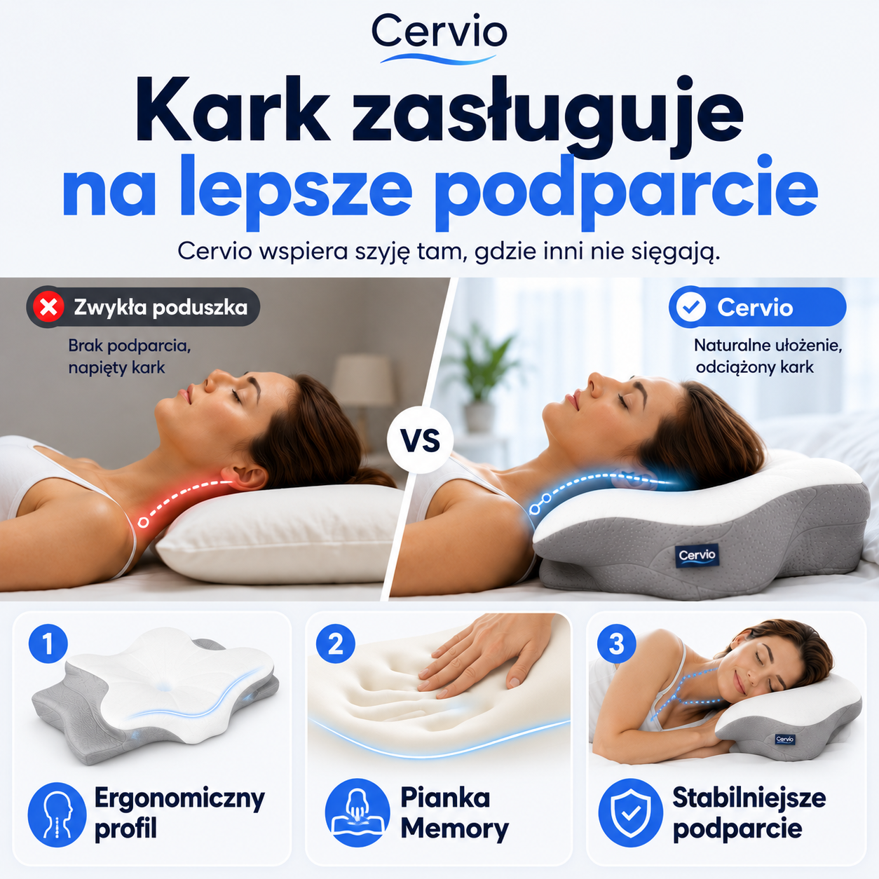Porównanie zwykłej poduszki i poduszki Cervio