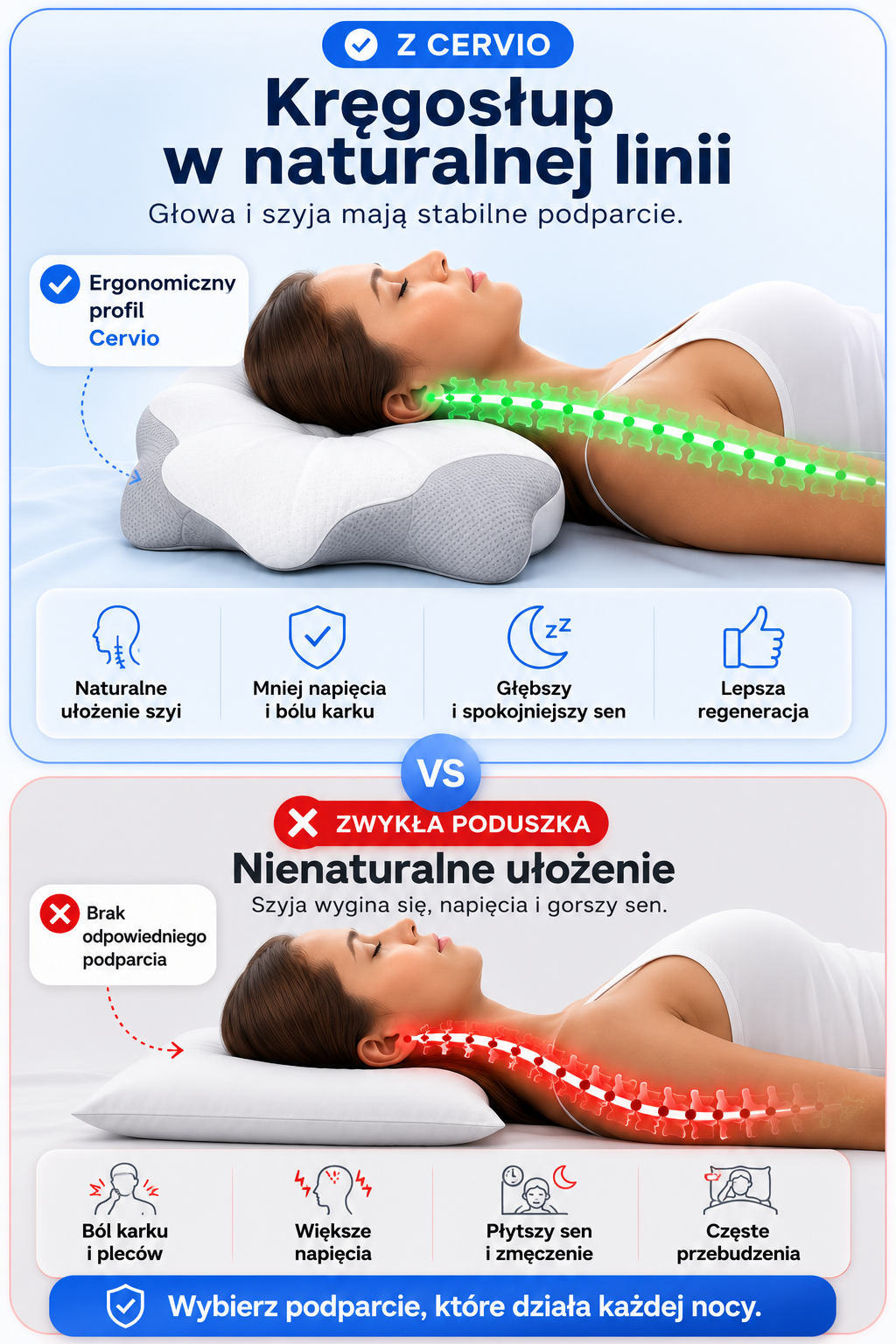 Porównanie poduszki Cervio ze zwykłą poduszką
