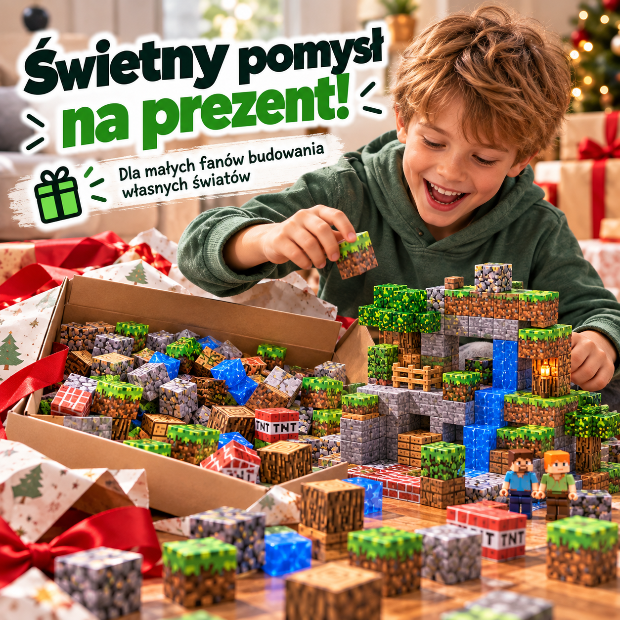 Dziecko rozpakowuje prezent – zestaw klocków MagCraft